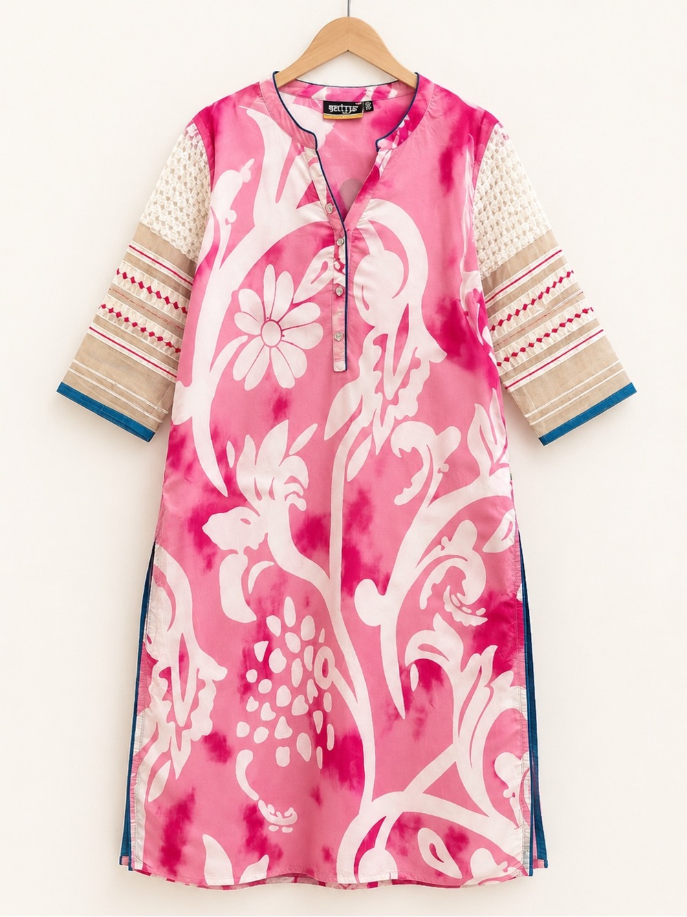 Satya Pink Floral Viscose Indian Tunic Dress Embroidered Sleeves XL